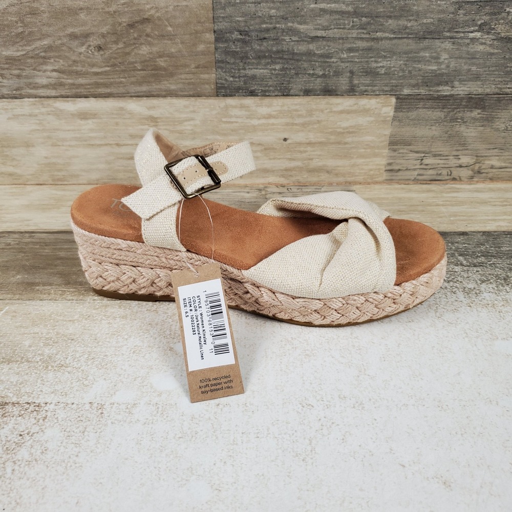 TOMS Kinsley Womens Platform Wedge Sandals Sz 6.5 Dark Natural Metallic Linen